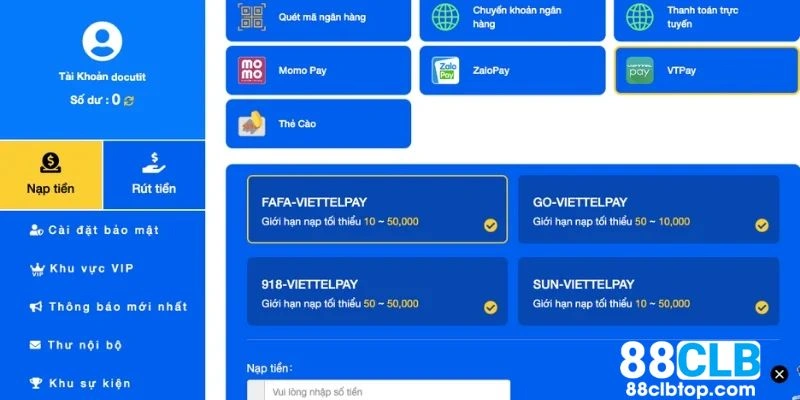 Hướng dẫn nạp tiền 88CLB qua ví điện tử